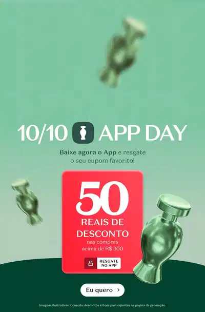 10/10 APP DAY. Fundo degradê em tons de verde e azul com ilustrações de moedas douradas flutuando. Destaque central em banner vermelho com texto "50 REAIS DE DESCONTO nas compras acima de R$300,00" e logo "RESGATE NO APP".