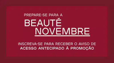 Mulher de cabelo loiro claro usando blusa branca em ambiente ao ar livre com vegetação ao fundo ao lado de comunicação em fundo vermelho sobre Beauté Novembre.
