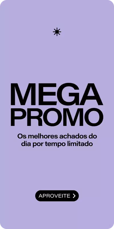 MEGA PROMO. Os melhores achados do dia por tempo limitado. Botão APROVEITE com seta para direita. Fundo roxo claro com asterisco decorativo no topo.