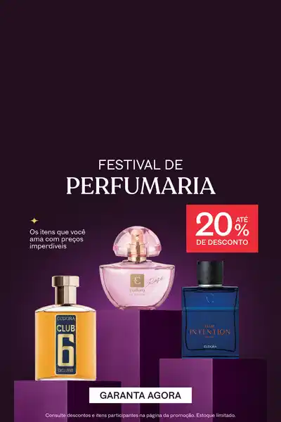 Promoção de perfumaria com até 20% de desconto. Diversos frascos em destaque.