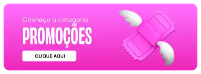 Banner em fundo magenta com elementos gráficos de presentes em rosa claro. Texto em branco: "Conheça a categoria PROMOÇÕES". Botão branco com texto em preto "CLIQUE AQUI" posicionado no canto superior direito.