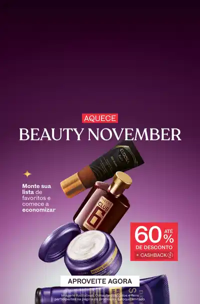 Campanha Beauty November do Aquece com produtos de beleza em destaque sobre fundo degradê roxo com texto de 60% de desconto + cashback