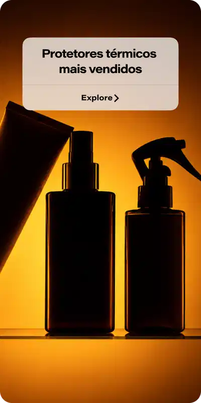 Protetores térmicos mais vendidos. Dois frascos de spray em silhueta contra fundo degradê laranja e amarelo. Botão "Explore" para acessar a categoria.