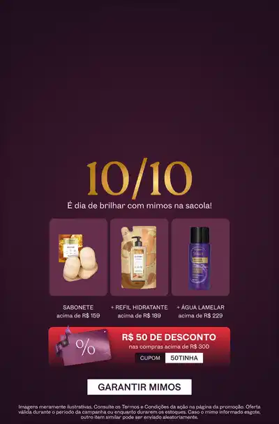 Fundo roxo escuro comunicando mimos progressivos em compras a partir de R$ 159.