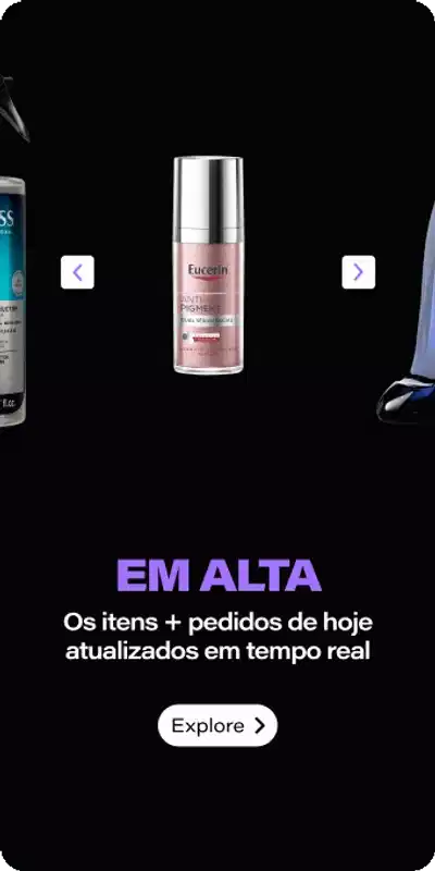 Banner com fundo preto mostrando produtos de beleza em destaque, incluindo um frasco de perfume em tom rosa e spray na lateral. Texto em destaque: "EM ALTA". Abaixo, a frase "Os itens + pedidos de hoje atualizados em tempo real" e o botão "Explore".