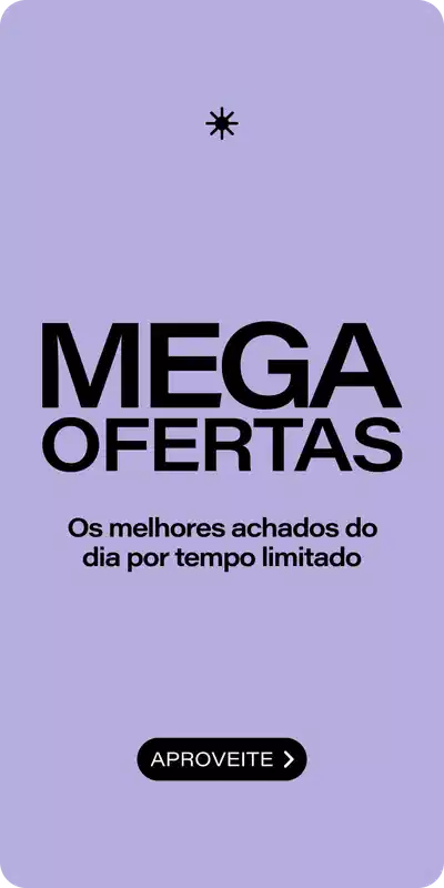 MEGA OFERTAS. Os melhores achados do dia por tempo limitado. Botão APROVEITE com seta para direita. Fundo roxo claro com asterisco decorativo no topo.