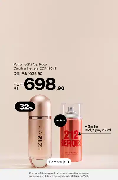 212 Vip Rosé Carolina Herrera Eau De Parfum - Perfume Feminino 125ml De: R$ 1028,9 Por: R$ 698,9 Selo: -32% OFF + Ganhe Body Spray 250ml [De: R$ 268,90 Por: Grátis] *Vendidos e entregues por Beleza na Web