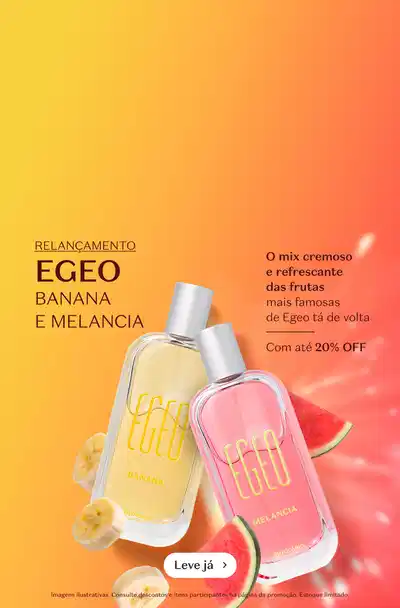 Relancamento Egeo Banana e Melancia com ambas as fragrâncias em destaque em um fundo divertido e colorido.