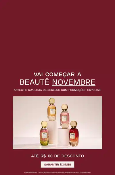 Quatro frascos de Eau de Parfum O.U.i sobre fundo branco e vermelho comunicando descontos de até R$ 100 na Beauté Novembre.