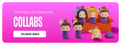 Banner em fundo magenta com texto "Conheça a categoria COLLABS" em branco à esquerda. Ilustração central mostra personagens de bonecos coloridos em tons de roxo, amarelo e rosa, posicionados em e ao redor de uma caixa laranja. Botão branco com texto "CLIQUE AQUI" localizado no canto superior direito.