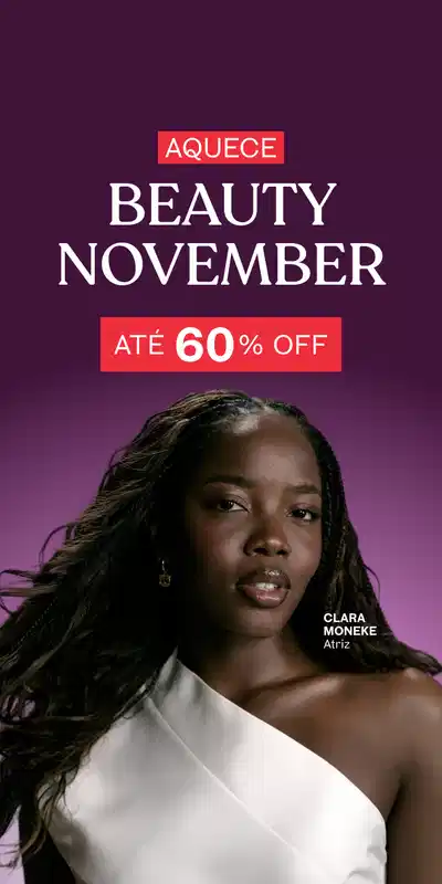 Campanha Beauty November do Aquece com até 60% de desconto. Mulher negra com cabelo longo preto, em fundo degradê roxo.
