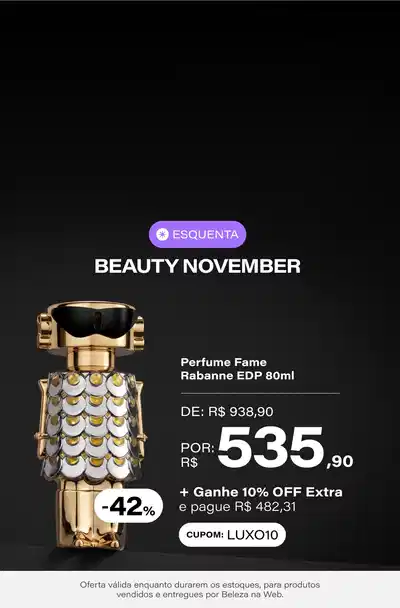 Fame Rabanne Eau De Parfum - Perfume Feminino 80ml De: R$ 938,9 Por: R$ 535,9 Selo: -42% OFF + Ganhe 10% OFF com cupom LUXO10 (482,31 com cupom) *Vendidos e entregues por Beleza na Web