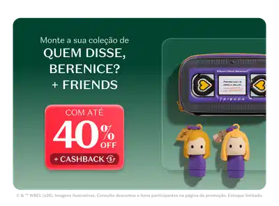 Imagem de um anúncio promocional de uma marca de brinquedos. O anúncio apresenta um controle remoto de brinquedo em cores laranja e roxo, com dois bonecos de brinquedo ao lado. Há também um livro com corações na capa. O anúncio oferece 40% de desconto e cashback.