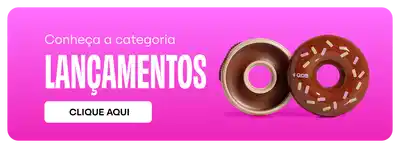 Banner em fundo magenta com texto "Conheça a categoria LANÇAMENTOS" em branco e verde fluorescente, acompanhado de duas imagens de donuts de chocolate (um liso e outro com granulado), botão branco com texto "CLIQUE AQUI" para acessar a categoria de lançamentos.