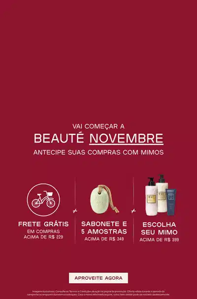 Fundo vermelho comunicando mimos progressivos em compras a partir de R$ 229 na Beauté Novembre.