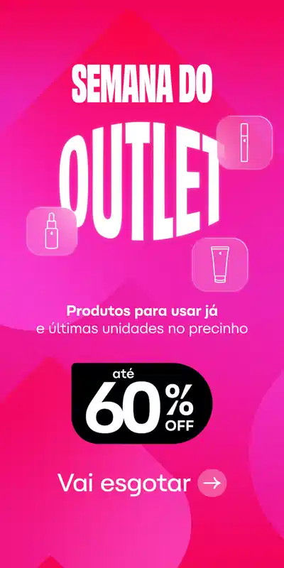 Semana do Outlet com até 60% de desconto. Produtos para usar já, últimas unidades no precinho. Fundo degradê em tons de rosa e magenta com ilustrações de produtos de beleza. Botão "Aproveite já" convida à ação. Promoção válida conforme termos e condições do site.