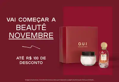 Kit de Presente O.U.i sobre fundo vermelho comunicando opções com até R$ 100 de desconto na Beauté Novembre.