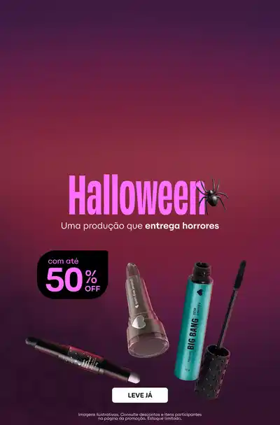 Banner Halloween, com fundo em tons de vinho e roxo e a frase "Uma produção que entrega horrores". Botão "LEVE JÁ". Há produtos de maquiagem: lápis delineador preto, lápis em estojo transparente, lápis preto com ponta branca, máscara de cílios Big Bang na embalagem azul-turquesa e rímel preto