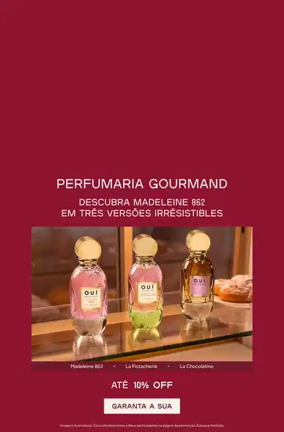 Fundo vermelho comunicando seleção de Perfumaria Gourmand Madeleine 862 com até 10% de desconto.