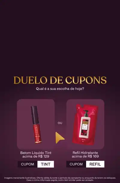 Duas imagens ilustrativas de mimos sobre banner roxo com letras brancas e douradas comunicando a promoção duelo de cupons.