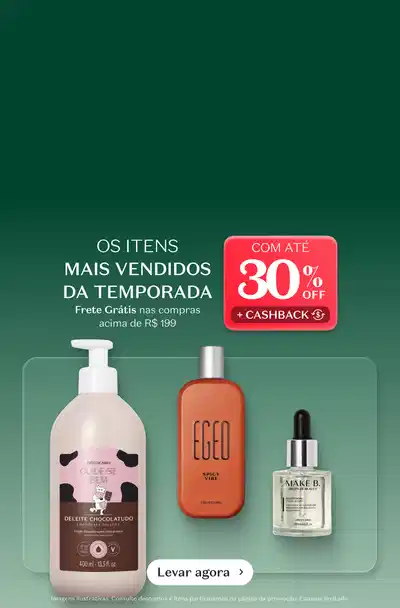 Produtos de beleza com até 30% de desconto. Inclui um sérum facial, um hidratante corporal e um desodorante colônia.