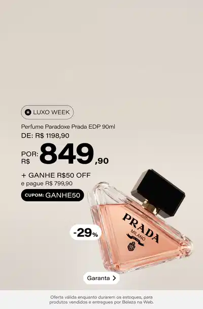Paradoxe Prada Eau De Parfum Refilável - Perfume Feminino 90ml De: R$ 1198,9 Por: R$ 849,9 Selo: 29% OFF *Vendidos e entregues por Beleza na Web