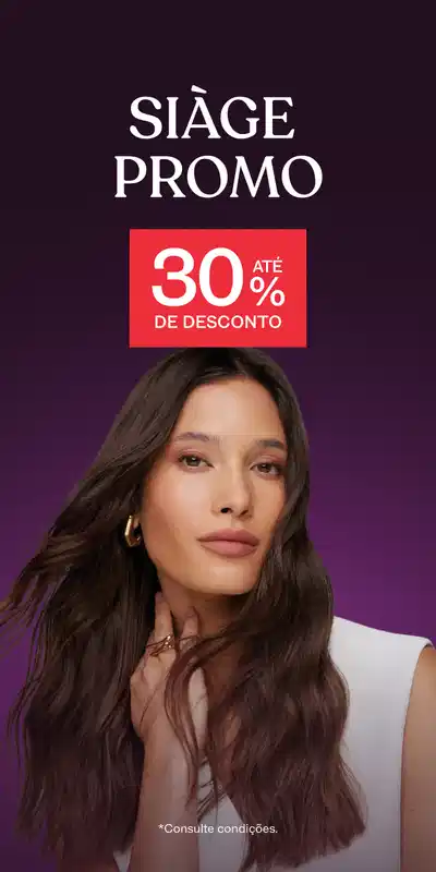 Siage Promo com 30% de desconto. Mulher com cabelos longos lisos e castanhos, usando brincos dourados e blusa branca, em fundo roxo escuro.