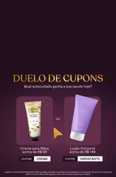 Duas imagens ilustrativas de mimos sobre banner roxo com letras brancas e douradas comunicando a promoção duelo de cupons.