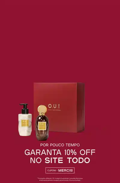 Fundo vermelho intenso com oferta promocional à esquerda: "Por pouco tempo, Garanta 10% de desconto no site todo, cupom MERCIO". À direita, caixa vermelha da marca O.U.I contendo dois produtos: um frasco branco de Loção Corporal e uma Eau de Parfum em frasco âmbar. Produtos posicionados em destaque na composição visual.