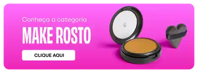 Conheça a categoria Make Rosto. Banner em fundo rosa vibrante exibindo um pó compacto aberto com tom dourado, um coração preto e botão branco com texto "Clique aqui" para acessar a categoria.
