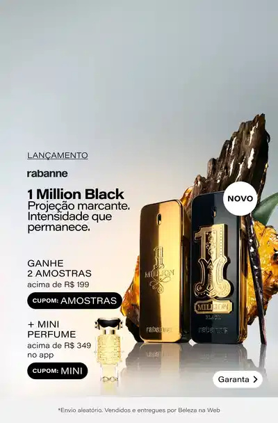 Lançamento 1 Million Black Rabanne: Ganhe amostras nas compras acima de R$199 + Mini de luxo acima de R$349 só no APP *Envio aleatório *Vendidos e entregues por Beleza na Web