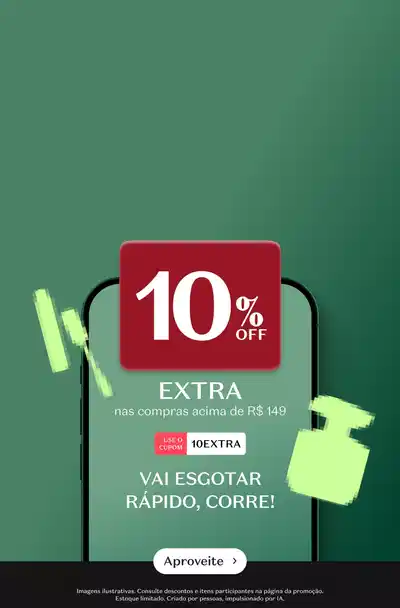 Banner Beauty November: AQUECE, Beauty NOVEMBER, VAI ESGOTAR RÁPIDO, CORRE! Ao centro, celular exibe cupom 10% de desconto EXTRA nas compras acima de R$149,00, código USE O CUPOM 10EXTRA. Ao lado, botão Aproveite. Ilustrações de fr