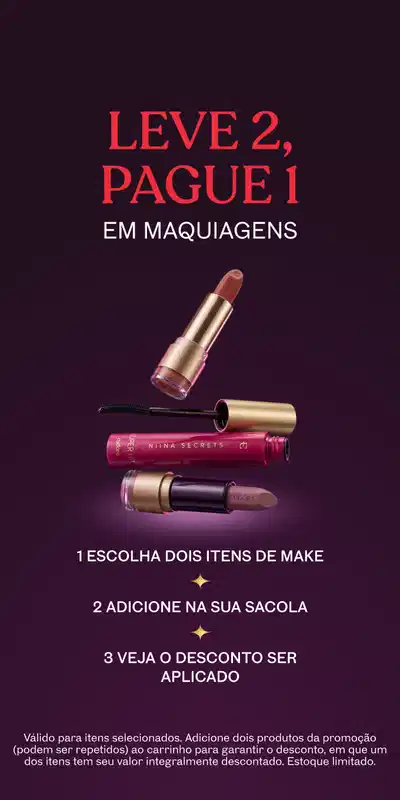 Promoção Leve 2, Pague 1 em Maquiagens. Fundo escuro com três produtos de make exibidos.
