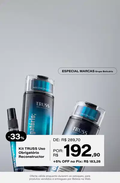 Kit TRUSS Uso Obrigatório Reconstructor (3 Produtos) De: R$ 289,70 Por: 192,90 Selo: 33% OFF (No Pix: R$ 183,26 - 5% OFF) *Vendidos e entregues por Beleza na Web