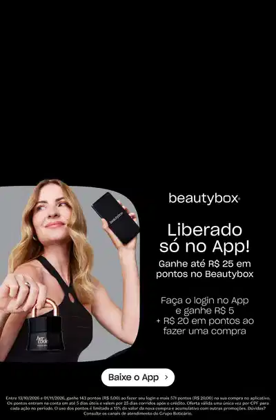 Mulher com cabelo louro ondulado, expressão satisfeita, segurando smartphone preto com a mão direita apontada para frente. Ao fundo, círculo cinza. À esquerda, texto "beautybox" em branco, seguido de "Liberado só no App! Ganhe até R$25 em pontos no Beautybox" e "Faça o login no App e ganhe R$5 + R$20 em pontos ao fazer uma compra". À direita, caixa br