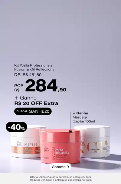 Kit Wella Professionals Fusion & Oil Reflections Duo Mask (2 Produtos) + Ganhe Máscara Capilar 150ml De: R$ 481,8 Por: R$ 284,9 Selo: 40% OFF *Vendidos e entregues por Beleza na Web