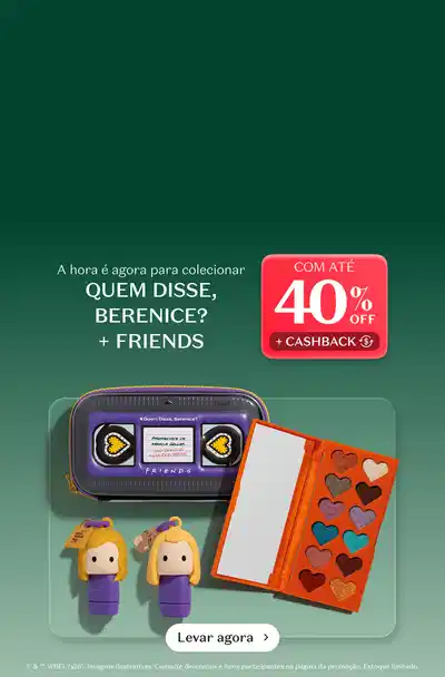 Imagem de um anúncio promocional de uma marca de brinquedos. O anúncio apresenta um controle remoto de brinquedo em cores laranja e roxo, com dois bonecos de brinquedo ao lado. Há também um livro com corações na capa. O anúncio oferece 40% de desconto e cashback.