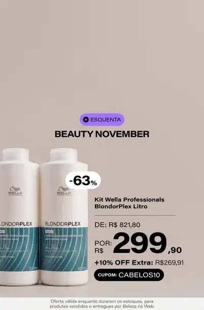 Kit Wella Professionals BlondorPlex Litro (2 Produtos) De: R$ 821,80 Por: 299,90 Selo: 63% OFF + 10% OFF Extra com cupom CABELOS10 (Preço com cupom: R$269,91) *Vendidos e entregues por Beleza na Web