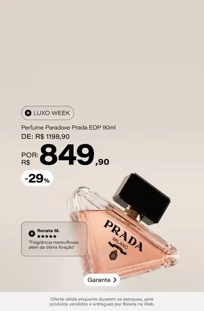 Paradoxe Prada Eau De Parfum Refilável - Perfume Feminino 90ml De: R$ 1198,9 Por: R$ 849,9 Selo: 29% OFF *Vendidos e entregues por Beleza na Web