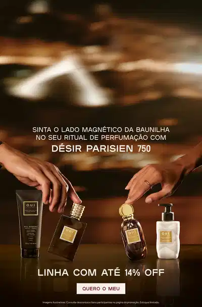 Um homem e mulher abraçados ao lado de frascos de Eau de Parfum Désir Parisien 750 sobre fundo vermelho.