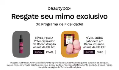 Mimo exclusivo beautybox: seu nivél no programa de fidelidade vale mimo cupom: PRATA = potencializador de recontrução, cupom: OURO = sabonete em barra