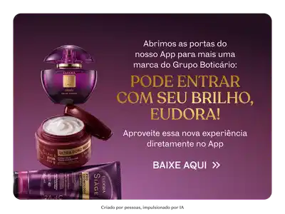 Fundo roxo degradê com produtos de beleza da marca Eudora do Grupo Boticário: Eau de Parfum Eudora em frasco roxo no topo, Creme Corporal Ultra Bom Ar e frasco de Sérum Stage. Texto em branco: "Abrimos as portas do nosso App para mais uma marca do Grupo Boticário: PODE ENTRAR COM SEU BRILHO, EUDORA! Agora você pode reunir tudo o que mais ama