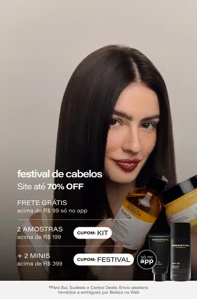 (SEGMENTADO - S, SE e CO) Festival de Cabelos: Até 70% OFF - Frete Grátis para Sul, Sudeste e Centro Oeste nas compras acima de R$99 só no app - Ganhe 02 Mimos acima de R$199 + 02 Minis acima de R$399 só no app *Envio aleatório *Vendidos e entregues por Beleza na Web