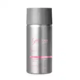 Refil de desodorante colônia Glamour em frasco prateado com tampa cinza, letras e detalhes na cor rosa.