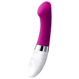 Este é um vibrador pessoal de silicone na cor roxa intensa. Possui um formato alongado e arredondado em uma extremidade. A base é branca e apresenta o logotipo "LELO" gravado. Há também alguns botões ou controles visíveis na base branca.