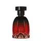 Frasco de item de perfumaria com formato de uma taça invertida feito em vidro, com predominância de cores preta e vermelha e o logo Floratta Red Passion gravado em letrs douradas no vidro.