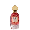 Item de perfumaria em frasco de vidro vermelho com tampa dourada. Rótulo com nome da marca "O.U.I" e texto "Scapin 245 Intense Eau de Parfum Paris". Embalagem com design elegante e sofisticado em cores contrastantes.