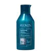 Frasco de shampoo Redken Extreme, com fórmula pH balanceada, contendo 3% de complexo de proteína, para cabelos danificados. Embalagem de 300 ml na cor azul escuro.