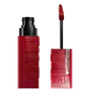 Frasco de batom líquido vermelho da linha Superstay Matte Ink da Maybelline, com aplicador em formato de pincel. Embalagem preta e vermelha com o nome da marca e do produto destacados.