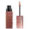 Produto de maquiagem Maybelline Super Stay Vinyl Ink, com embalagem preta e rosa, contendo um aplicador de ponta macia para aplicação do produto líquido de longa duração.